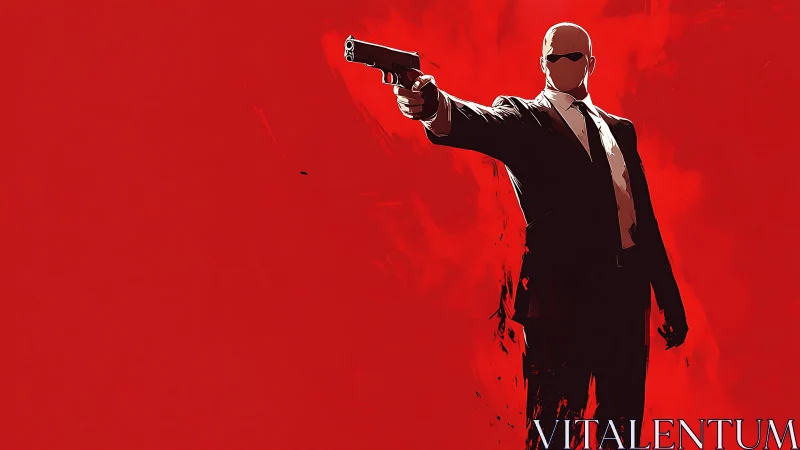 Silhouetted agent in suit extends handgun on red field.