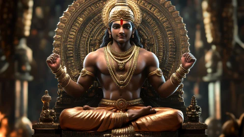 Radiant divine king meditates upon an ornate golden throne