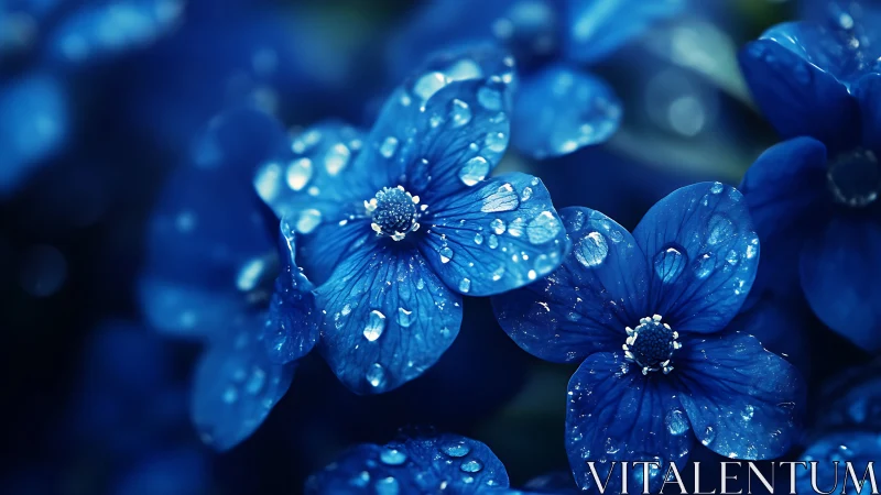 Sapphire petals surrender to dewy decadence in crystalline rain