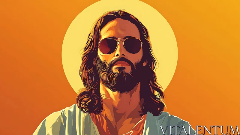 Sunlit cool mystic in shades against glowing orange sky.