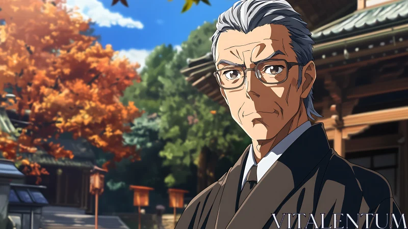 Stoic temple scholar under autumn lanterns of quiet resolve.