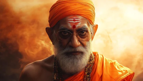 Elderly Hindu sage in saffron robes under dramatic warm backlight