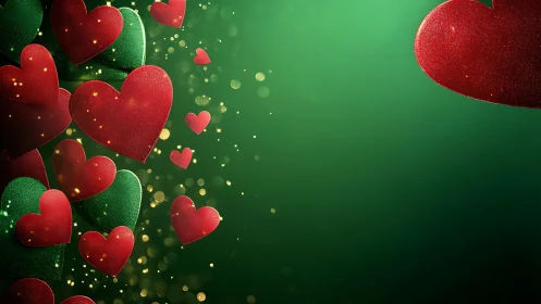 Red and Green Glowing Hearts on Emerald Background