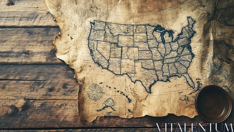 Antique style United States map on distressed parchment over wood
