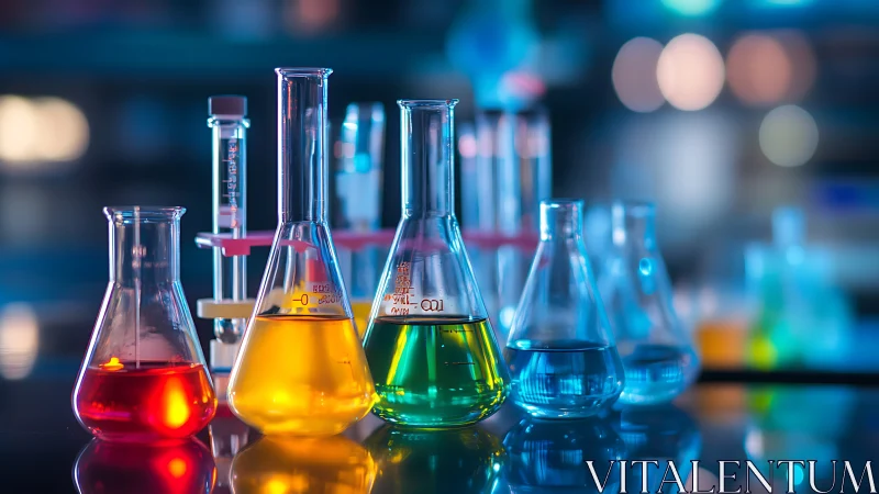 Colorful chemical solutions in laboratory glassware on bench