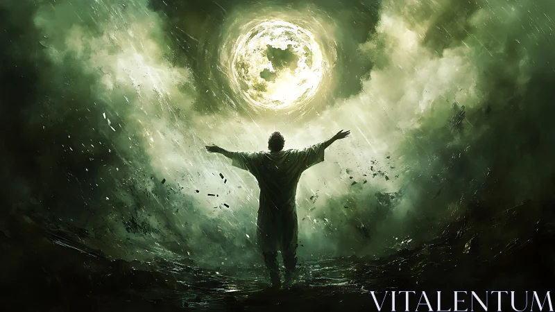 Solitary figure stands beneath luminous circular sky object