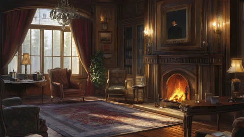 Victorian paneled study with lit fireplace and bay window