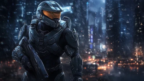 Armored sci fi soldier with rifle in rain soaked neon cityscape