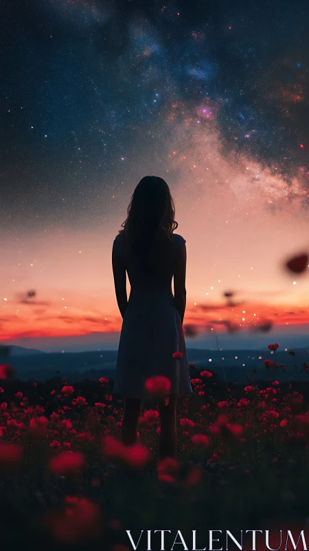 Silhouetted observer in poppy field under dense galactic sky.