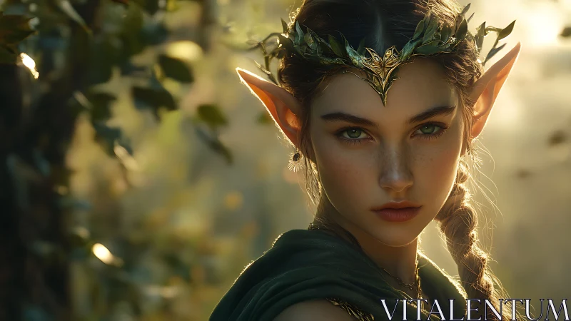 Elf princess portrait in glowing forest sunlight focus.
