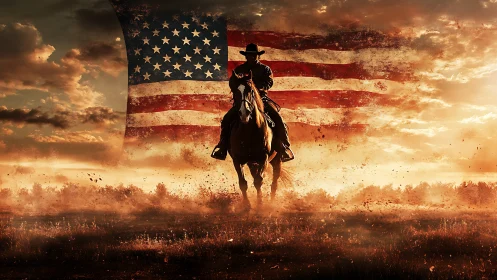 Dust‑trail cowboy rides beneath a weathered American sky.