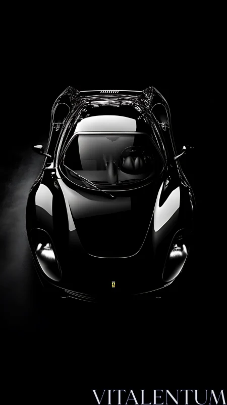 Gleaming black sports car glows softly against deep shadow