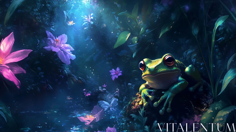 Frog in glowing blue forest pool with vivid neon flowers.