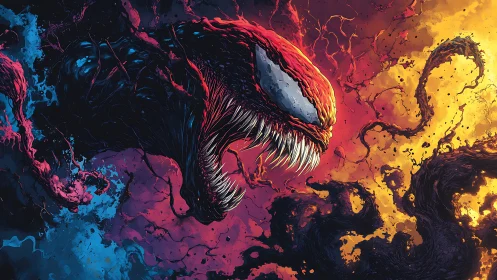 Symbiotic creature lunges amid high-contrast chromatic chaos