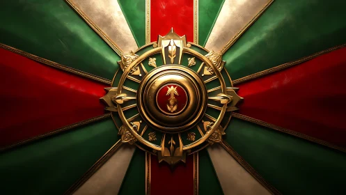 Regal gold emblem over red, white, green heraldic banner.