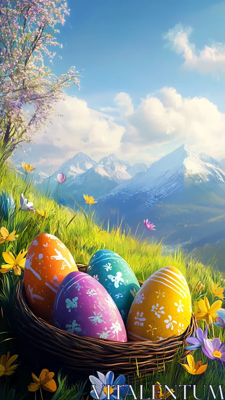 Colorful Easter eggs in mountain spring meadow basket.