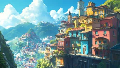 Terraced chromatic hillside city under volumetric clouds.