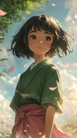 Anime pastoral portrait with dynamic petals and sky lighting.