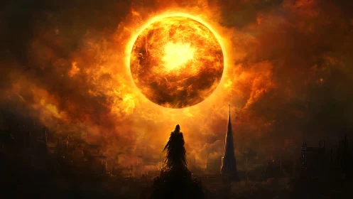 Dark robed figure under burning sun above ruined city.