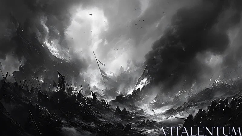 Stormlit battlefield of shadows beneath a fractured sky.