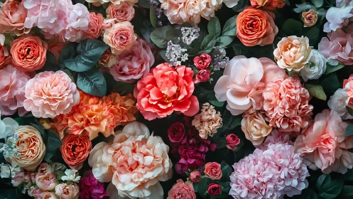 Dense Floral Arrangement with Multiple Rose Varieties and Foliage