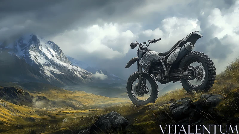 Solitary dirt bike poised before stormy alpine range.
