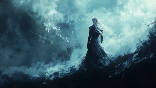 Solitary cloaked figure in storm-lit abstract coastal mist