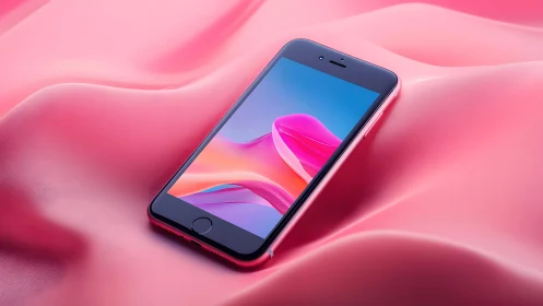 Modern smartphone on pink satin fabric, vibrant and minimalistic.