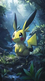 Electric creature in rainy forest clearing at dawn.