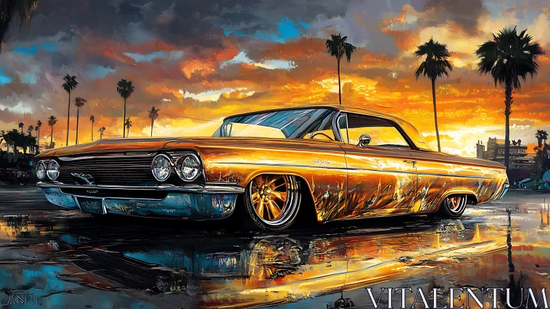 Golden lowrider reflects stormy sunset over wet boulevard.