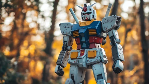 Gundam robot standing tall among softly glowing autumn trees.