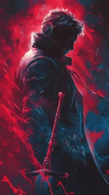 Solitary warrior silhouette in neon red-blue digital chiaroscuro