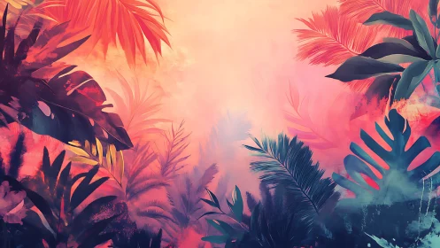Gradient-lit tropical foliage layers with high-saturation color field