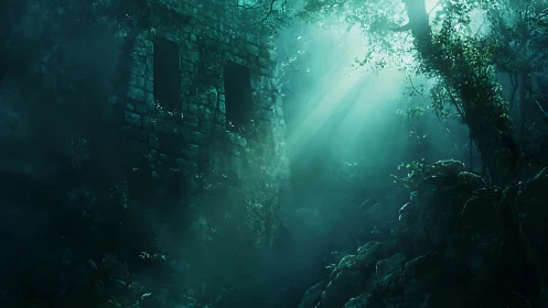 Digital painting of misted jungle ruin with volumetric light.