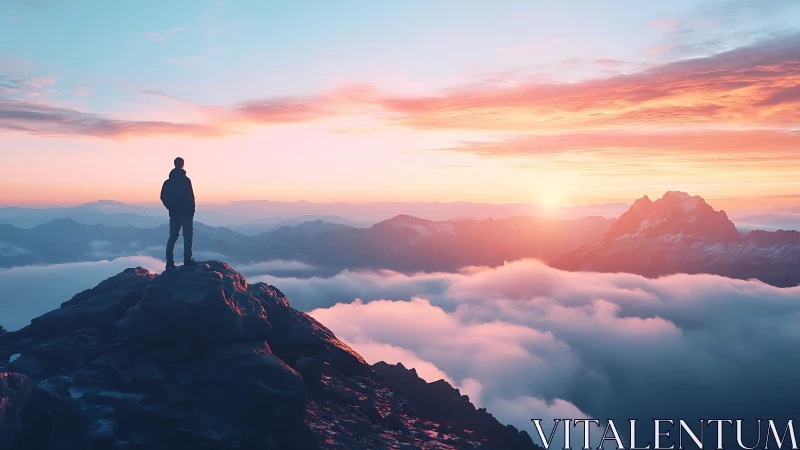 Lone hiker stands on rocky peak above clouds at sunrise.