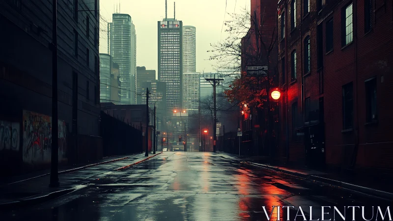 Rain-soaked alley leading into neon city skyline at dusk.