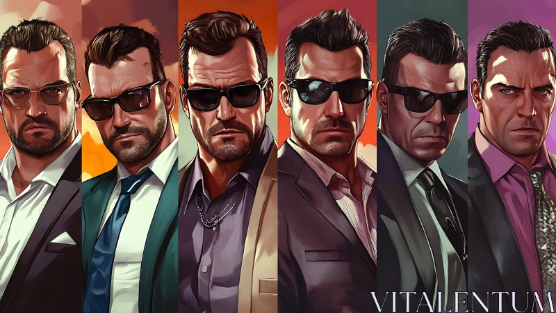 Digital painting triptych of suited male portraits in sequence.