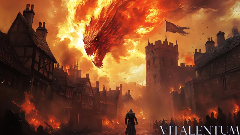 Incandescent dragon assault over fortified medieval citadel.