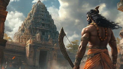 Heroic archer before ornate temple under storm-lit skies.