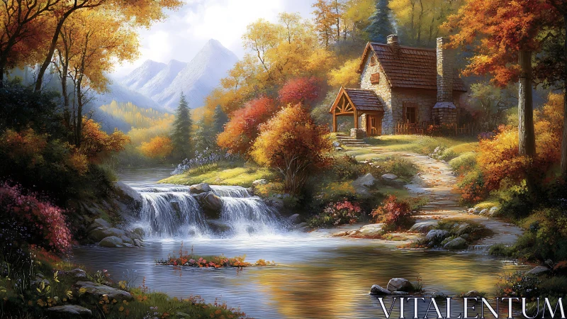 Stone cottage by forest river in bright autumn mountains.