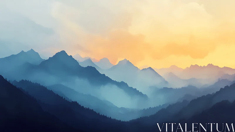 Layered blue mountain ridges under soft sunrise sky.