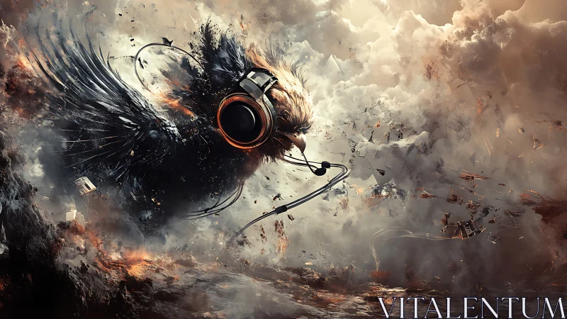 Digital painting of winged headset creature in storm cloudscape.