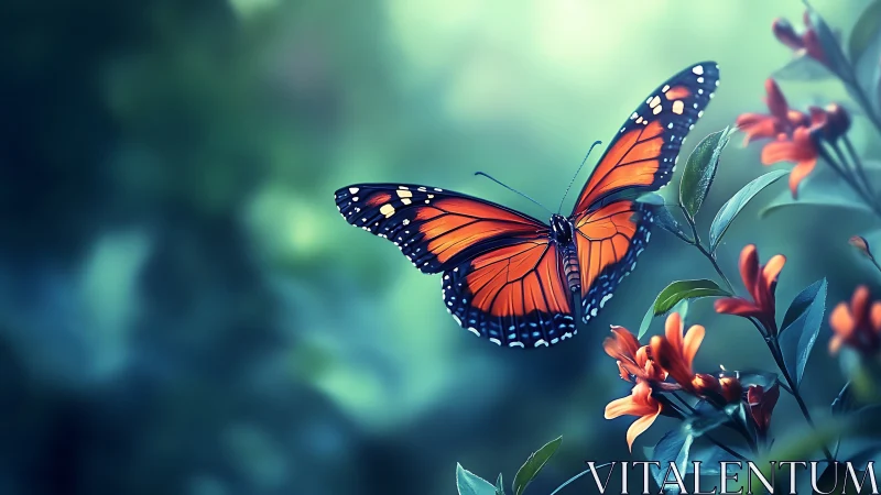 Orange butterfly in flight above flowers in soft focus garden.