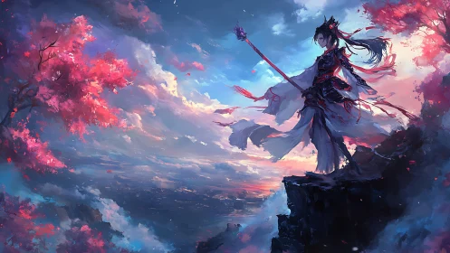 Warrior mage stands on cliff edge above glowing valley