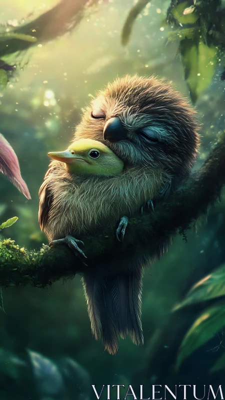 Forest cuddle perch with fluffy birds in tender embrace.