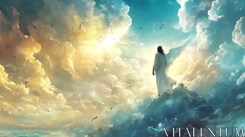 Solitary angel walks sunlit clouds toward radiant horizon