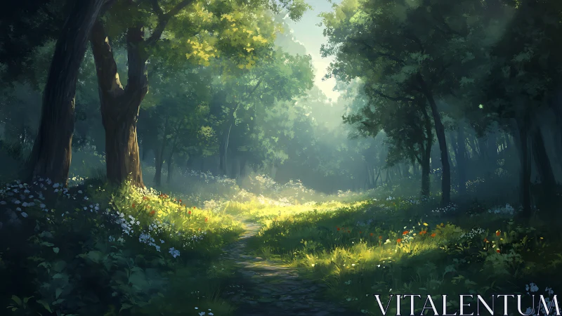 Forest Path Through Ancient Trees at Sunrise