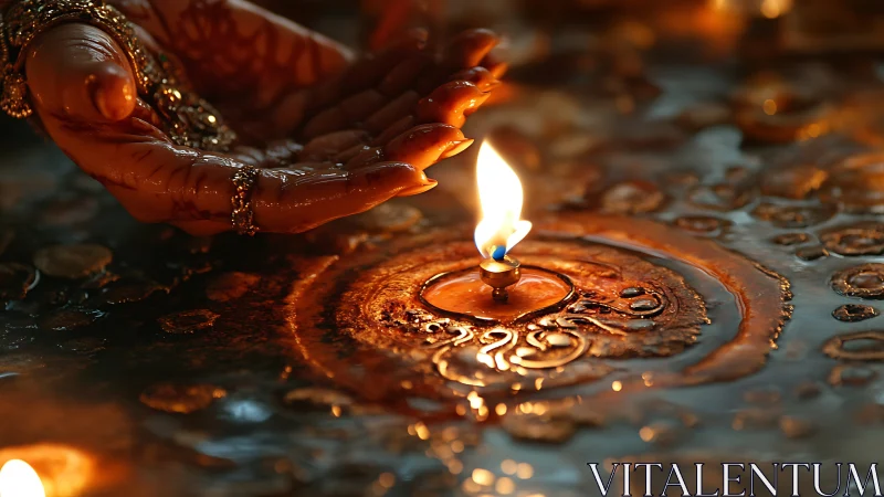 Macro view of diya flame and henna hand under warm directional light