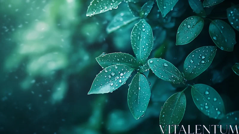 Gentle rain-kissed leaves glowing in a dreamy teal hush.