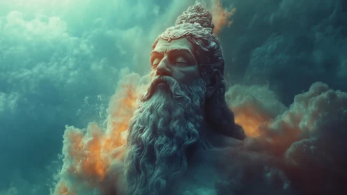 Stone-like bearded bust emerges symmetrically from dense clouds